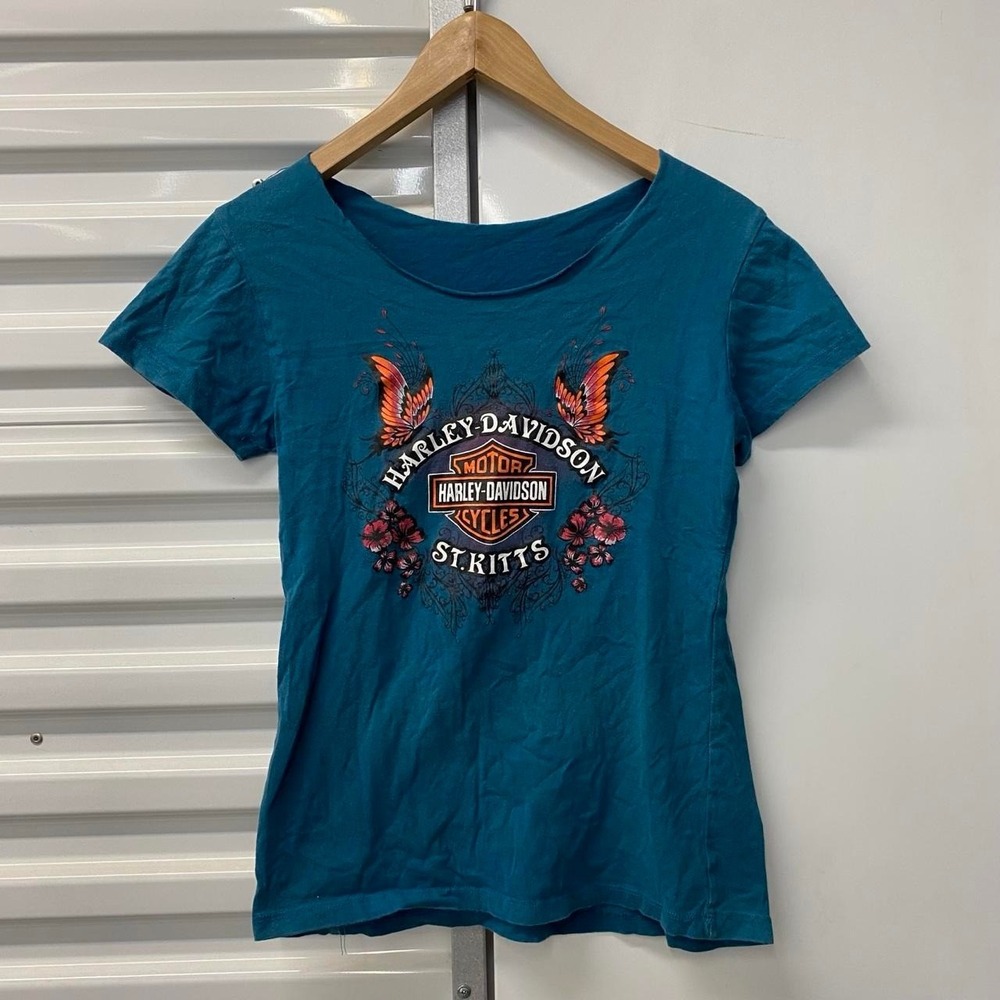 Y2K Harley Davidson Women's Butterflies St. Kitts Baby Tee Chopped Neck Small
